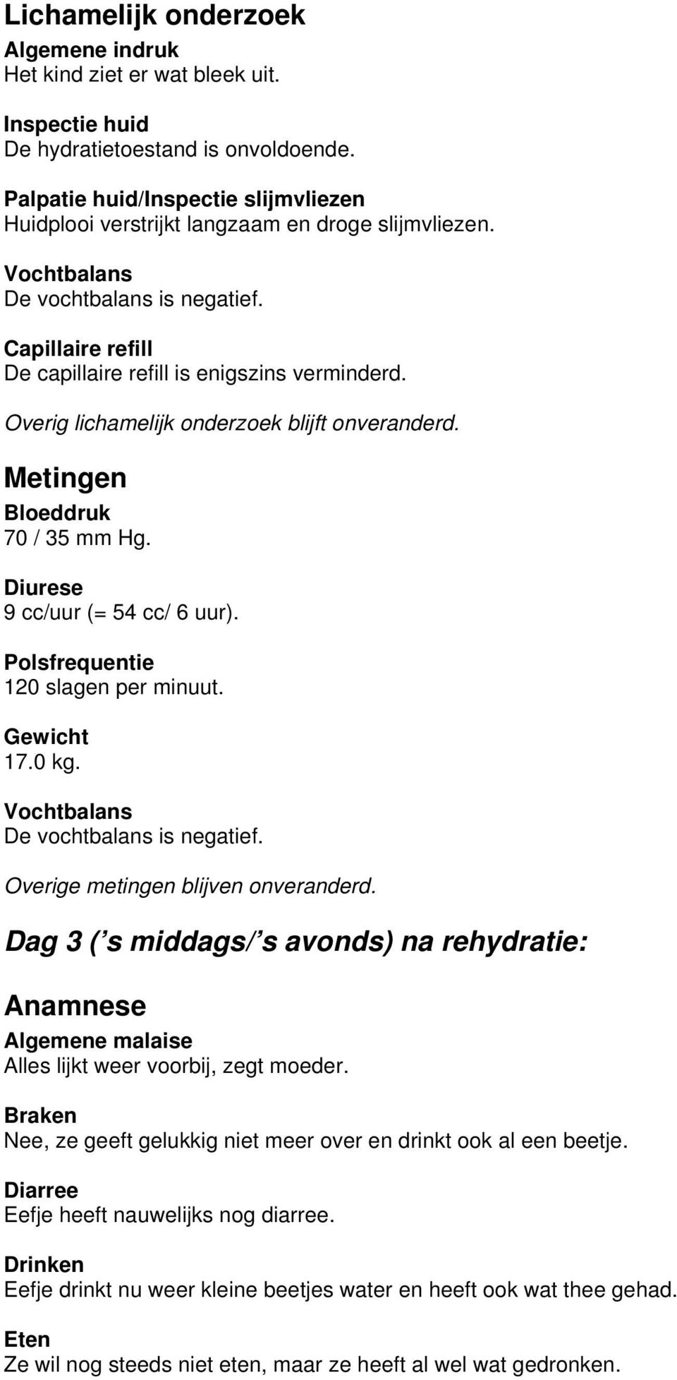 Overig lichamelijk onderzoek blijft onveranderd. Metingen Bloeddruk 70 / 35 mm Hg. Diurese 9 cc/uur (= 54 cc/ 6 uur). Polsfrequentie 120 slagen per minuut. Gewicht 17.0 kg. De vochtbalans is negatief.