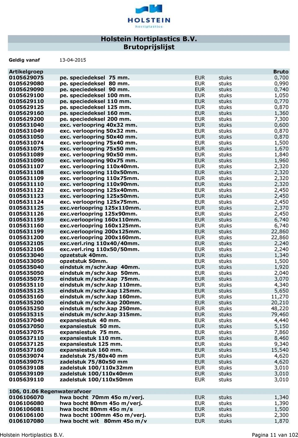 speciedeksel 200 mm. EUR stuks 7,300 0105631040 exc. verloopring 40x32 mm. EUR stuks 0,600 0105631049 exc. verloopring 50x32 mm. EUR stuks 0,870 0105631050 exc. verloopring 50x40 mm.