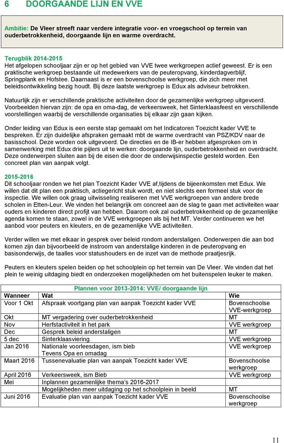 Er is een praktische werkgroep bestaande uit medewerkers van de peuteropvang, kinderdagverblijf, Springplank en Hofstee.