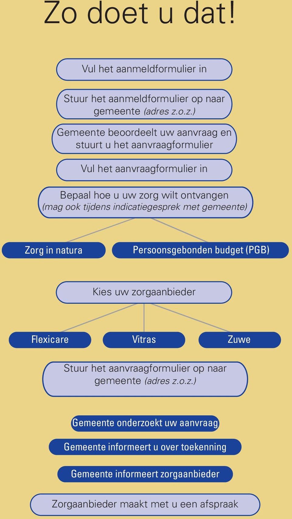 ook tijdens indicatiegesprek met gemeente) Zorg in natura Persoonsgebonden budget (PGB) Kies uw zorgaanbieder Flexicare Vitras Zuwe Stuur het