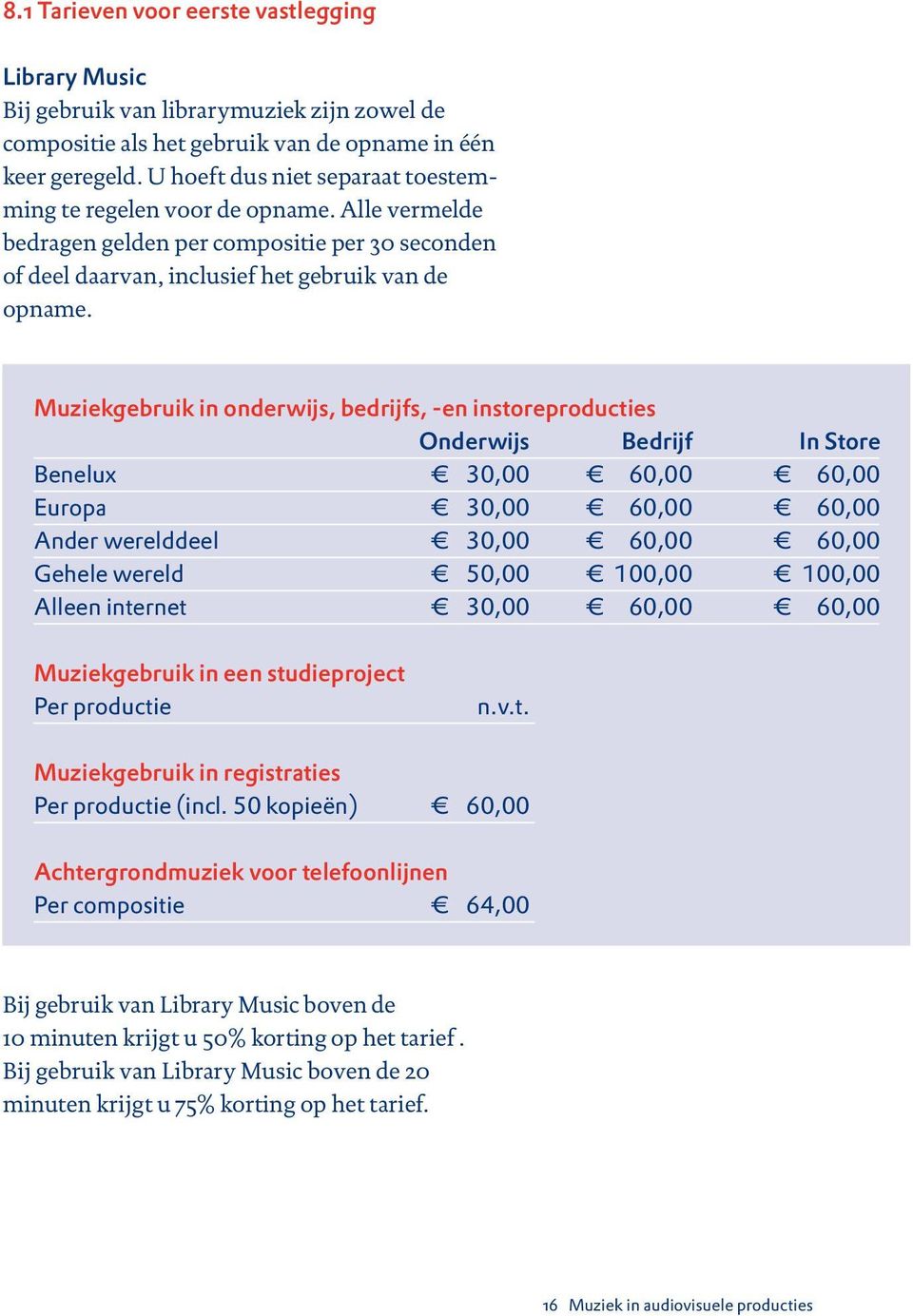 Muziekgebruik in onderwijs, bedrijfs, -en instoreproducties Onderwijs Bedrijf In Store Benelux 30,00 60,00 60,00 Europa 30,00 60,00 60,00 Ander werelddeel 30,00 60,00 60,00 Gehele wereld 50,00 100,00