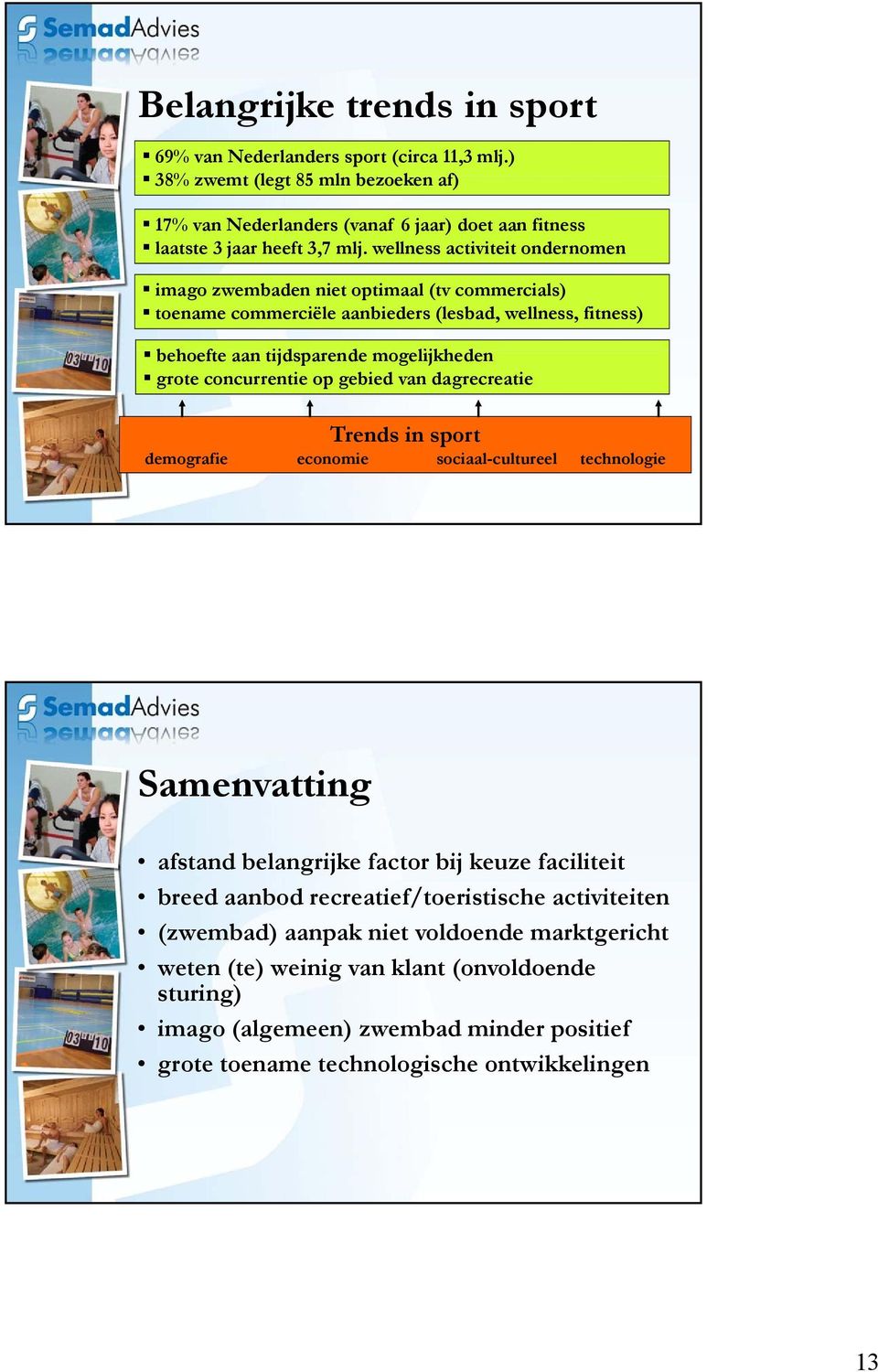 concurrentie op gebied van dagrecreatie Trends in sport demografie economie sociaal-cultureel technologie Samenvatting afstand dbelangrijke factor bijk keuze faciliteit i breed aanbod