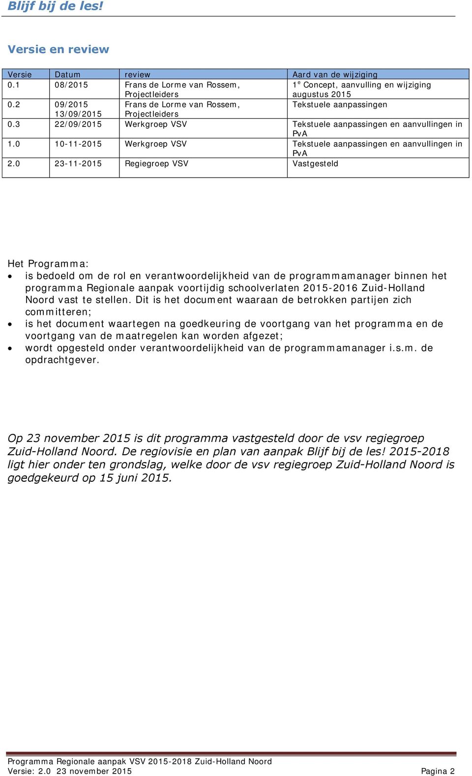 0 10-11-2015 Werkgroep VSV Tekstuele aanpassingen en aanvullingen in PvA 2.