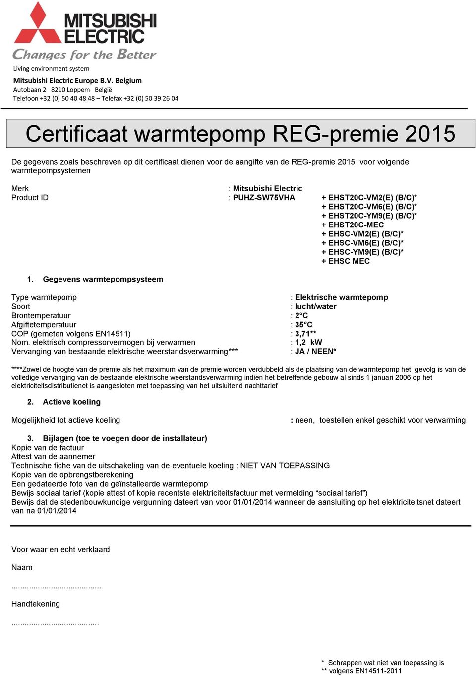 Gegevens warmtepompsysteem COP (gemeten volgens