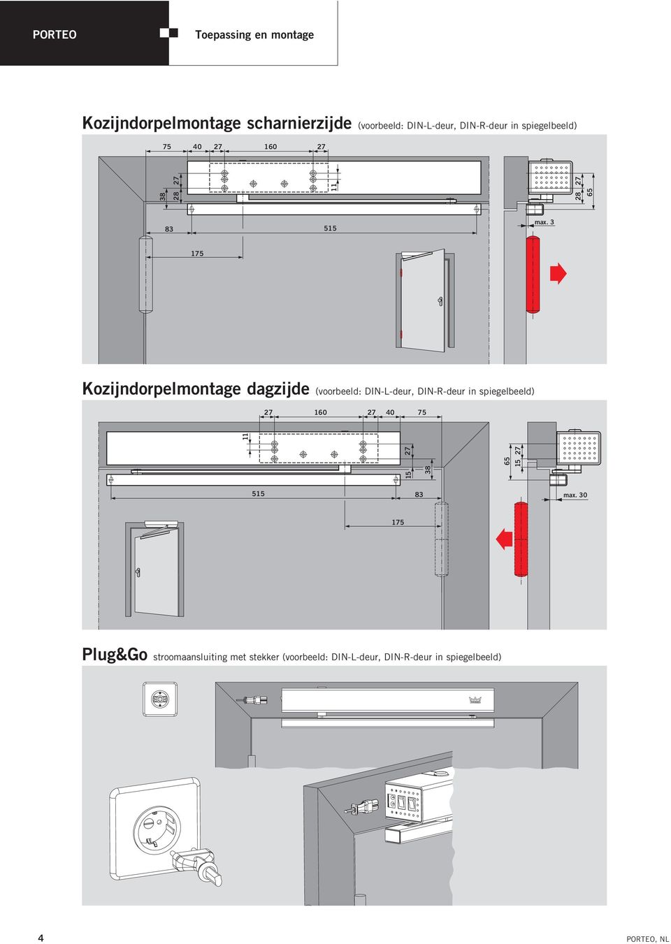 3 175 Kozijndorpelmontage dagzijde (voorbeeld: DIN-L-deur, DIN-R-deur in spiegelbeeld) 160