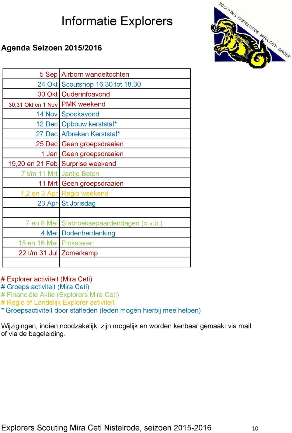 Surprise weekend 7 t/m 11 Mrt Jantje Beton 11 Mrt Geen groepsdraaien 1,2 en 3 Apr Regio weekend 23 Apr St Jorisdag 7 en 8 Mei Slabr