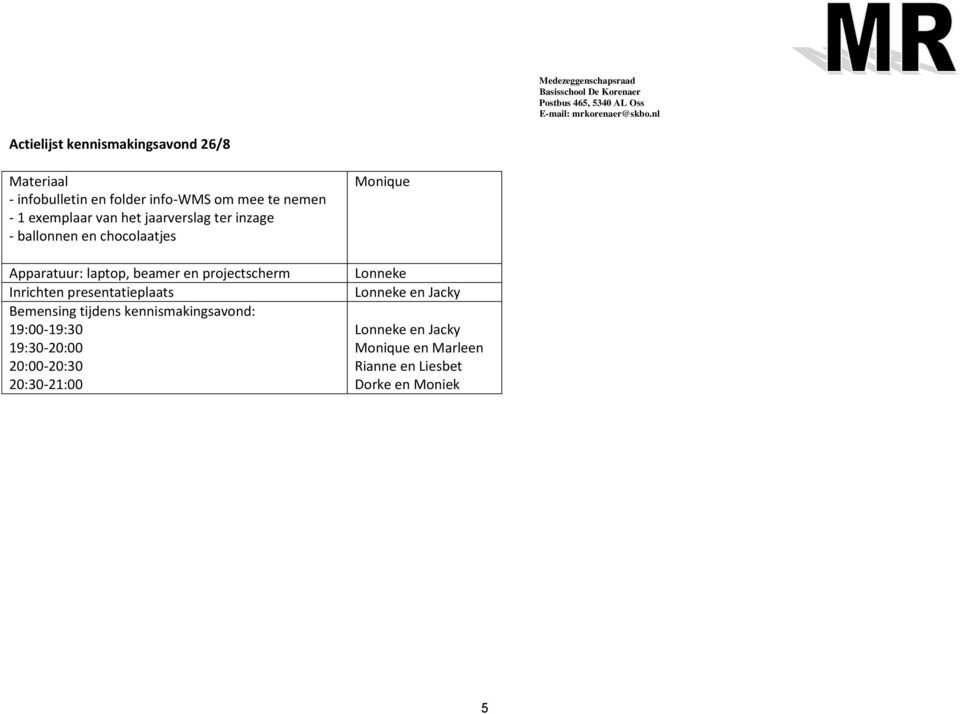 projectscherm Inrichten presentatieplaats Bemensing tijdens kennismakingsavond: 19:00-19:30 19:30-20:00