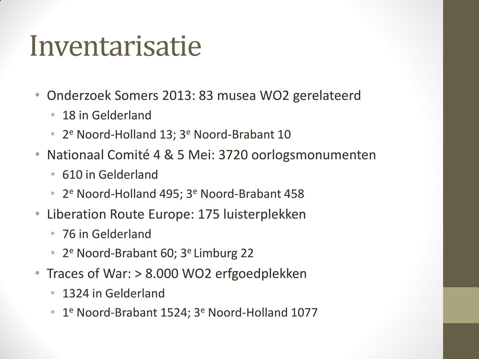 e Noord-Brabant 458 Liberation Route Europe: 175 luisterplekken 76 in Gelderland 2 e Noord-Brabant 60; 3 e
