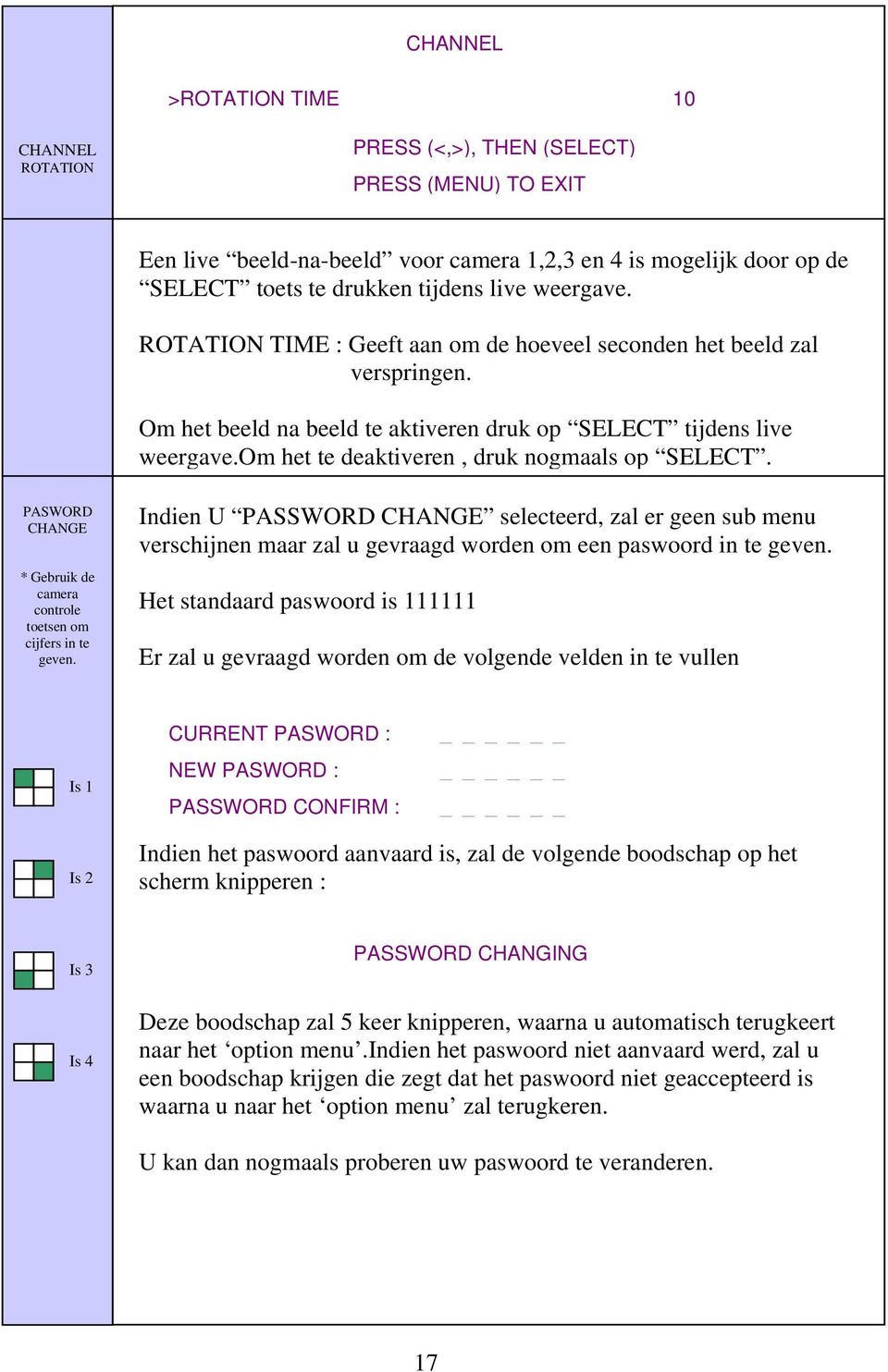 om het te deaktiveren, druk nogmaals op SELECT. PASWORD CHANGE * Gebruik de camera controle toetsen om cijfers in te geven.