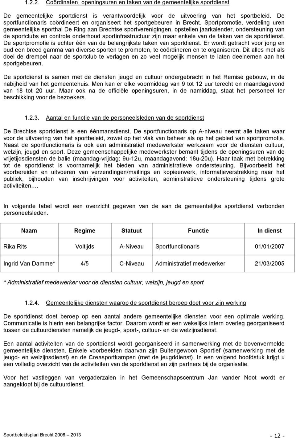 Sportpromotie, verdeling uren gemeentelijke sporthal De Ring aan Brechtse sportverenigingen, opstellen jaarkalender, ondersteuning van de sportclubs en controle onderhoud sportinfrastructuur zijn