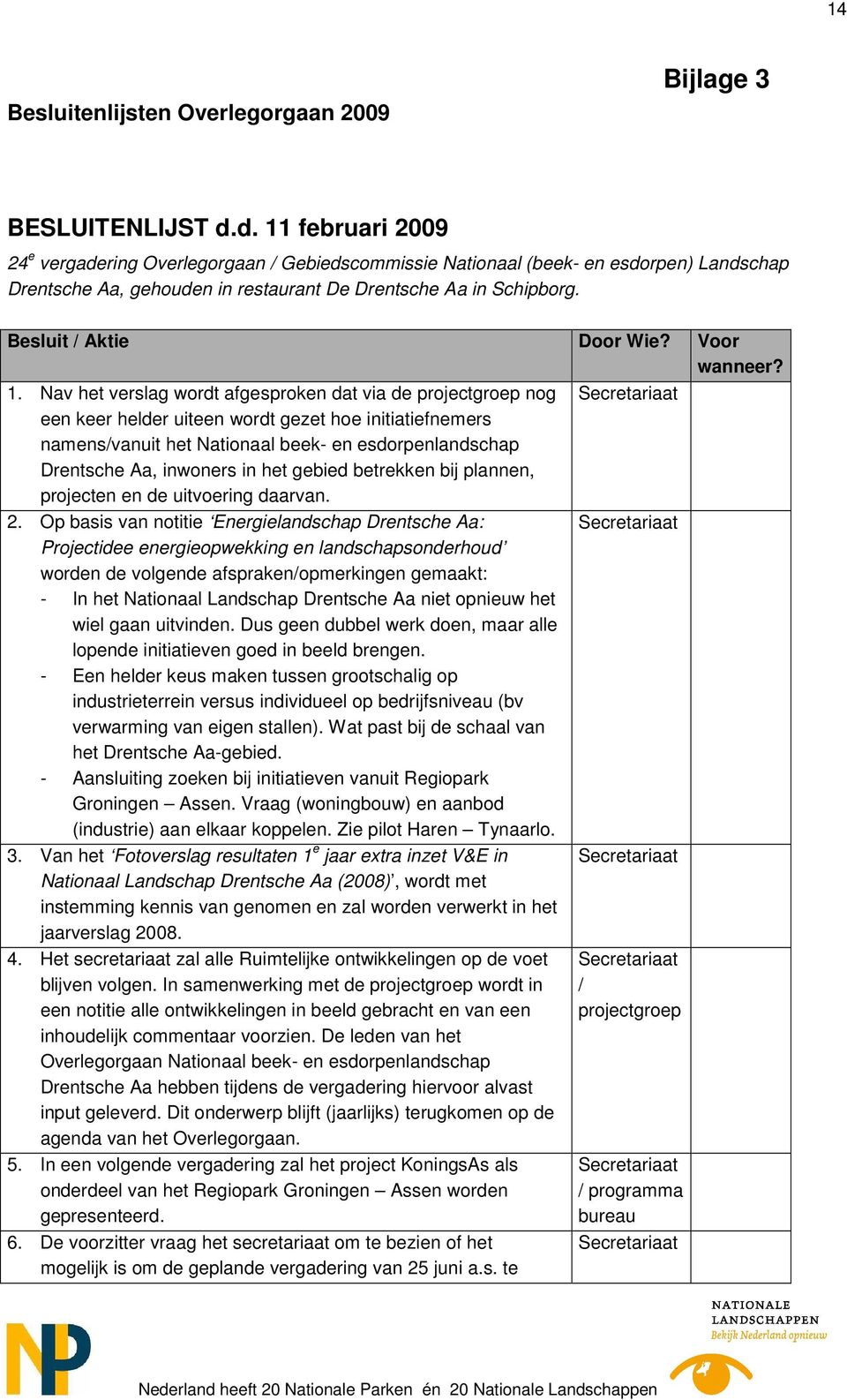 Besluit / Aktie Door Wie? Voor wanneer? 1.