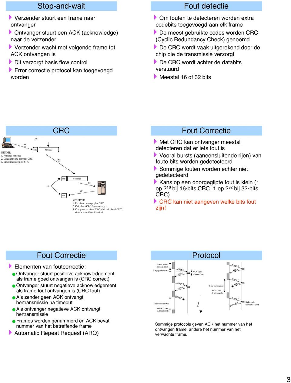 Check) genoemd 4De CRC wordt vaak uitgerekend door de chip die de transmissie verzorgt 4De CRC wordt achter de databits verstuurd 4Meestal 16 of 32 bits CRC Fout Correctie 4Met CRC kan ontvanger