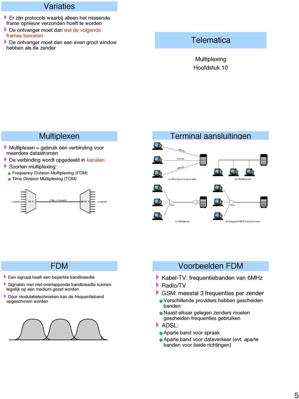 4Soorten multiplexing: n Frequency Division Multiplexing (FDM) n Time Division Multiplexing (TDM) FDM 4Een signaal heeft een beperkte bandbreedte 4Signalen met niet-overlappende bandbreedte kunnen