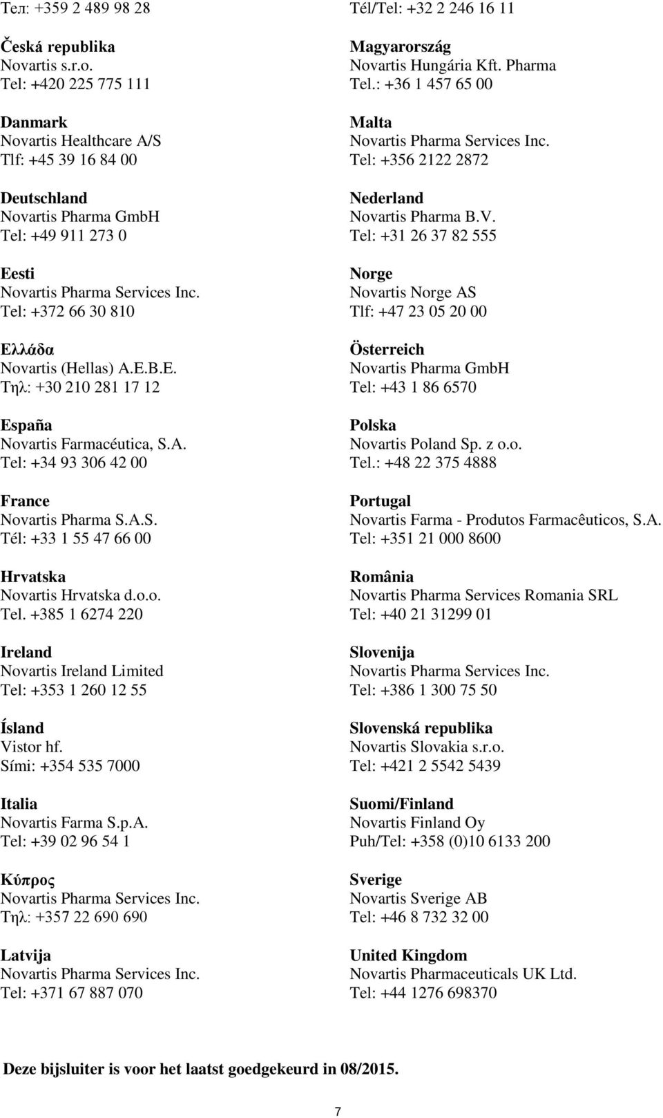 A. Tel: +34 93 306 42 00 France Novartis Pharma S.A.S. Tél: +33 1 55 47 66 00 Hrvatska Novartis Hrvatska d.o.o. Tel. +385 1 6274 220 Ireland Novartis Ireland Limited Tel: +353 1 260 12 55 Ísland Vistor hf.