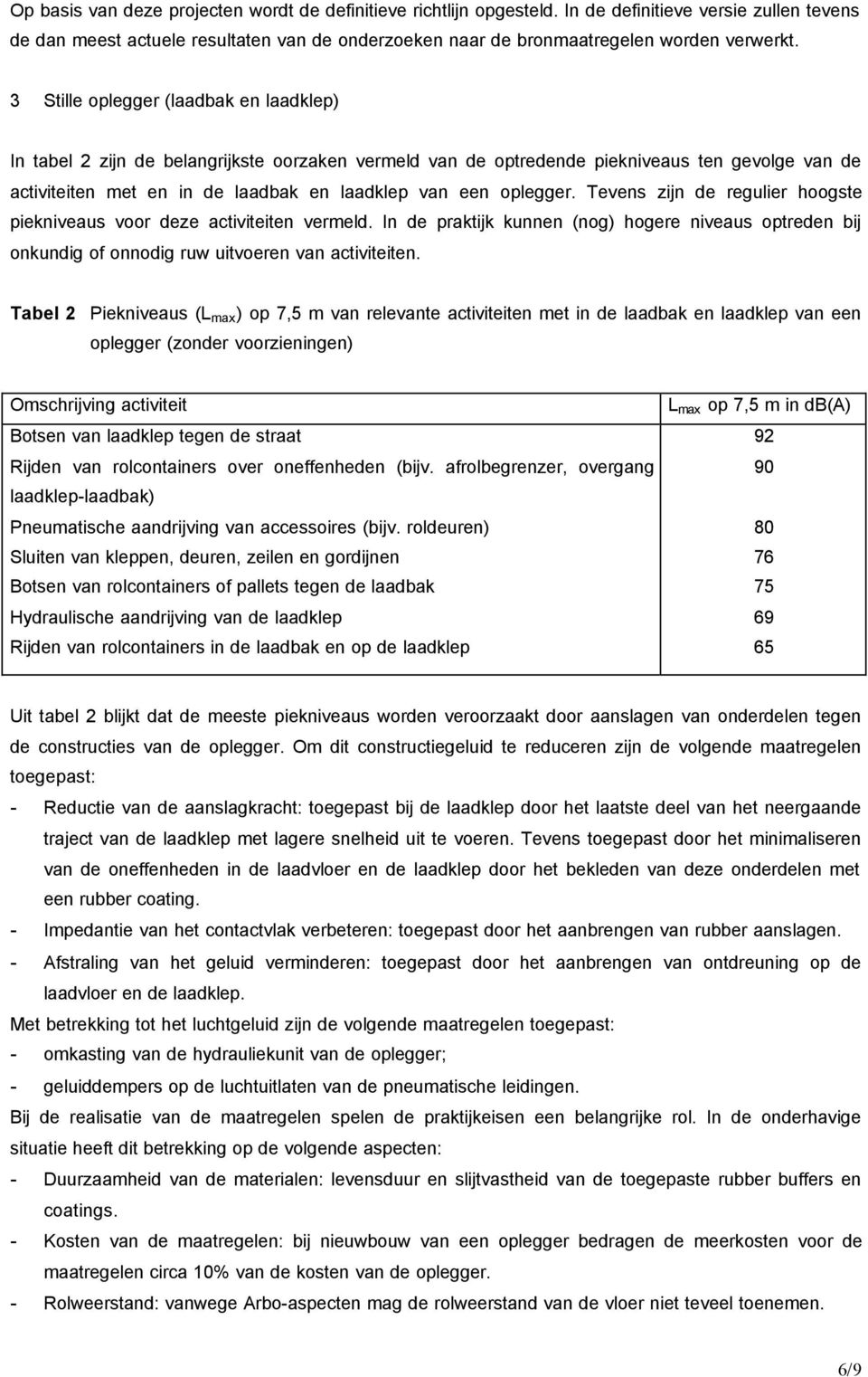 oplegger. Tevens zijn de regulier hoogste piekniveaus voor deze activiteiten vermeld. In de praktijk kunnen (nog) hogere niveaus optreden bij onkundig of onnodig ruw uitvoeren van activiteiten.