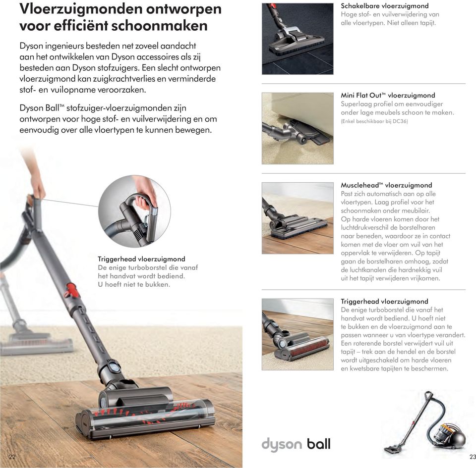 Dyson Ball stofzuiger-vloerzuigmonden zijn ontworpen voor hoge stof- en vuilverwijdering en om eenvoudig over alle vloertypen te kunnen bewegen.