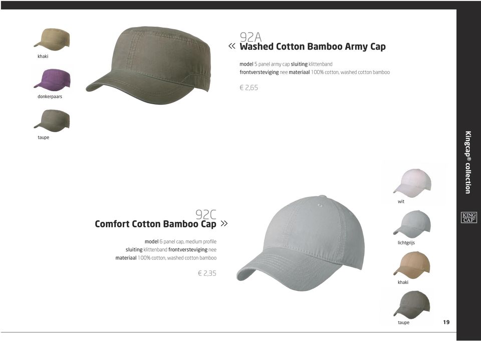 Kingcap collection 92c Comfort Cotton Bamboo Cap» wit model 6 panel cap, medium profile
