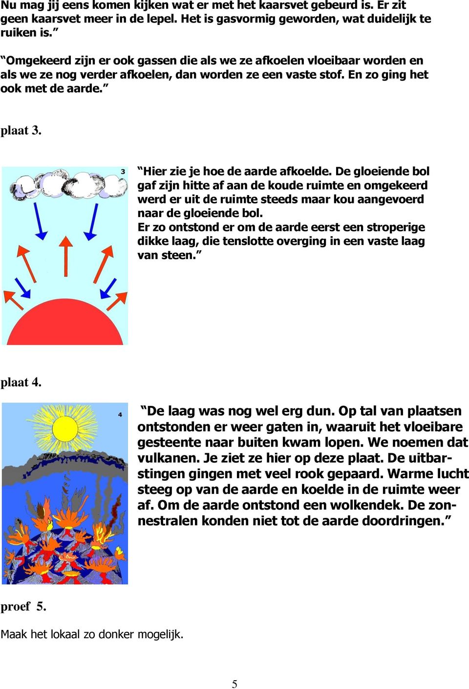 Hier zie je hoe de aarde afkoelde. De gloeiende bol gaf zijn hitte af aan de koude ruimte en omgekeerd werd er uit de ruimte steeds maar kou aangevoerd naar de gloeiende bol.