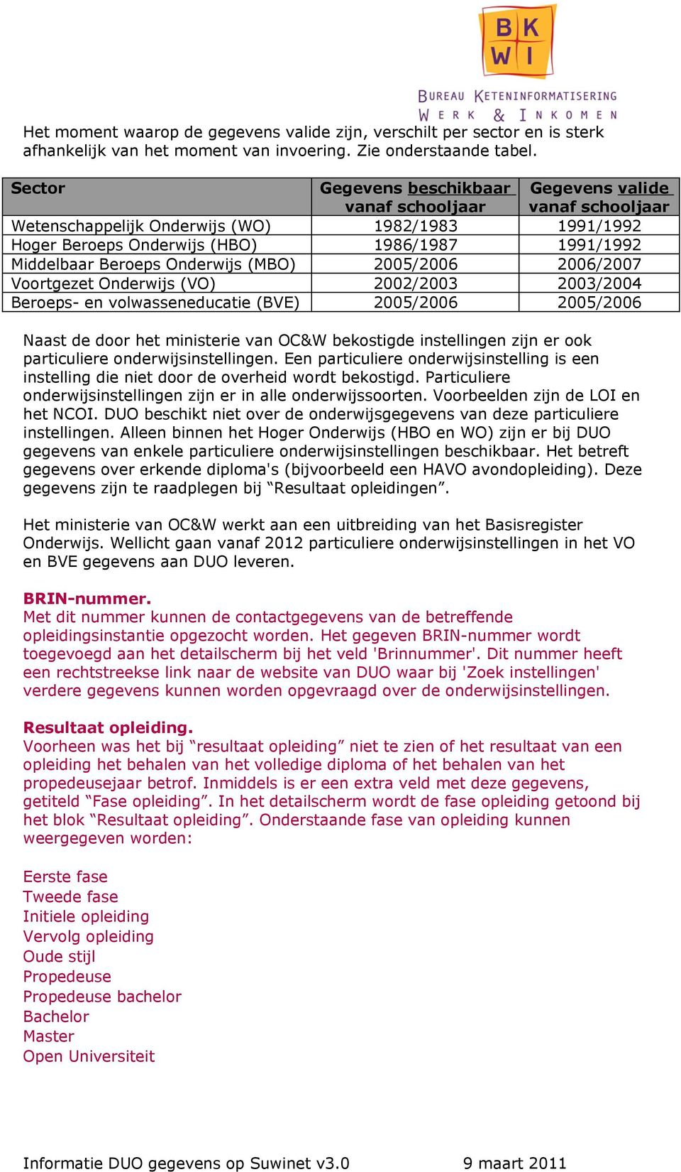 Onderwijs (MBO) 2005/2006 2006/2007 Voortgezet Onderwijs (VO) 2002/2003 2003/2004 Beroeps- en volwasseneducatie (BVE) 2005/2006 2005/2006 Naast de door het ministerie van OC&W bekostigde instellingen