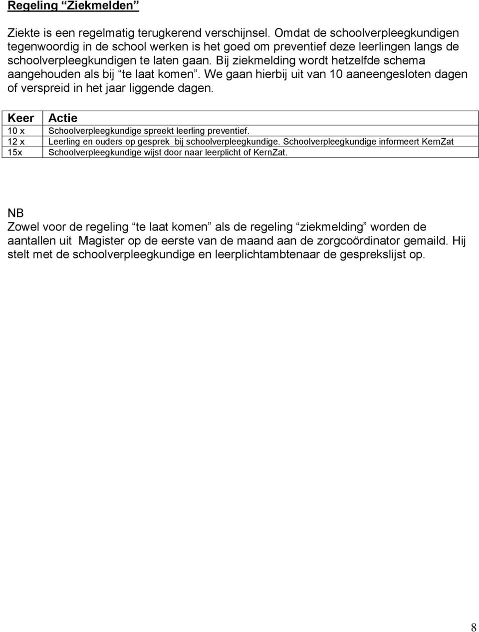 Bij ziekmelding wordt hetzelfde schema aangehouden als bij te laat komen. We gaan hierbij uit van 10 aaneengesloten dagen of verspreid in het jaar liggende dagen.