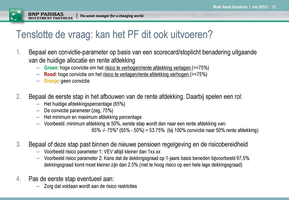 Bepaal een convictie-parameter op basis van een scorecard/stoplicht benadering uitgaande van de huidige allocatie en rente afdekking Groen: hoge convictie om het risico te verhogen/rente afdekking