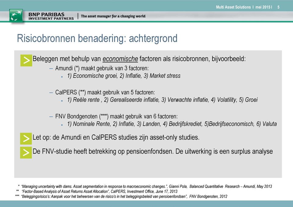 (***) maakt gebruik van 6 factoren: 1) Nominale Rente, 2) Inflatie, 3) Landen, 4) Bedrijfskrediet, 5)Bedrijfseconomisch, 6) Valuta Let op: de Amundi en CalPERS studies zijn asset-only studies.