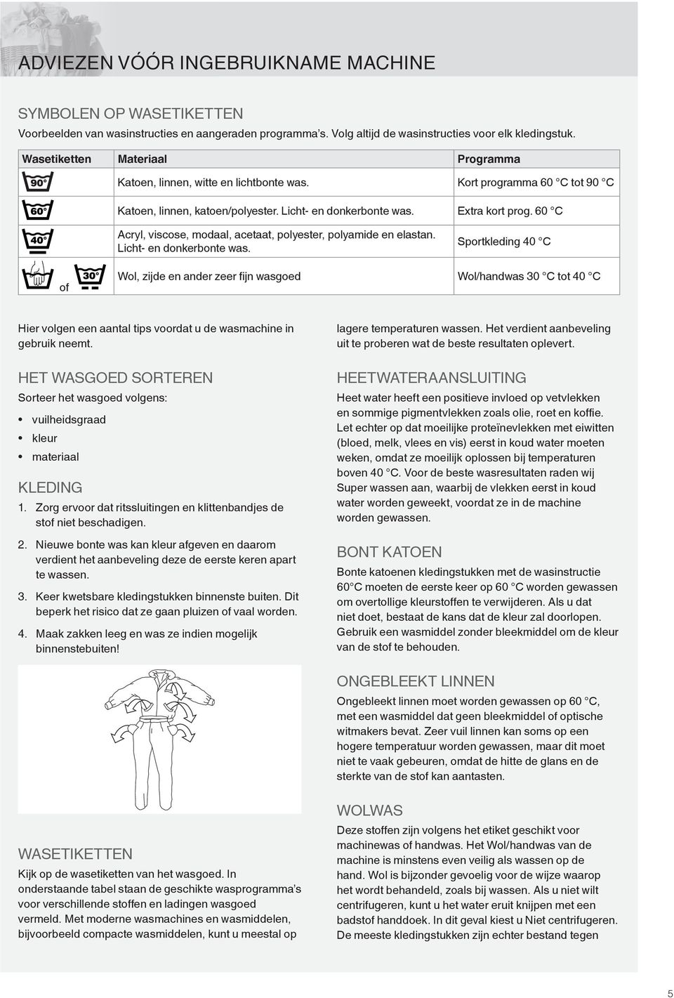 60 C Acryl, viscose, modaal, acetaat, polyester, polyamide en elastan. Licht- en donkerbonte was.