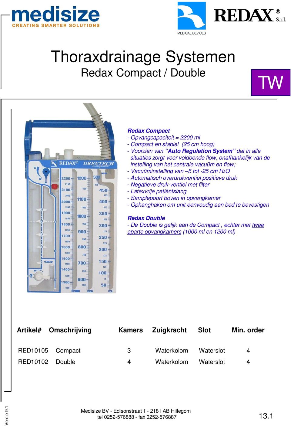 filter - Latexvrije patiëntslang - Samplepoort boven in opvangkamer - Ophanghaken om unit eenvoudig aan bed te bevestigen Redax Double - De Double is gelijk aan de Compact, echter met