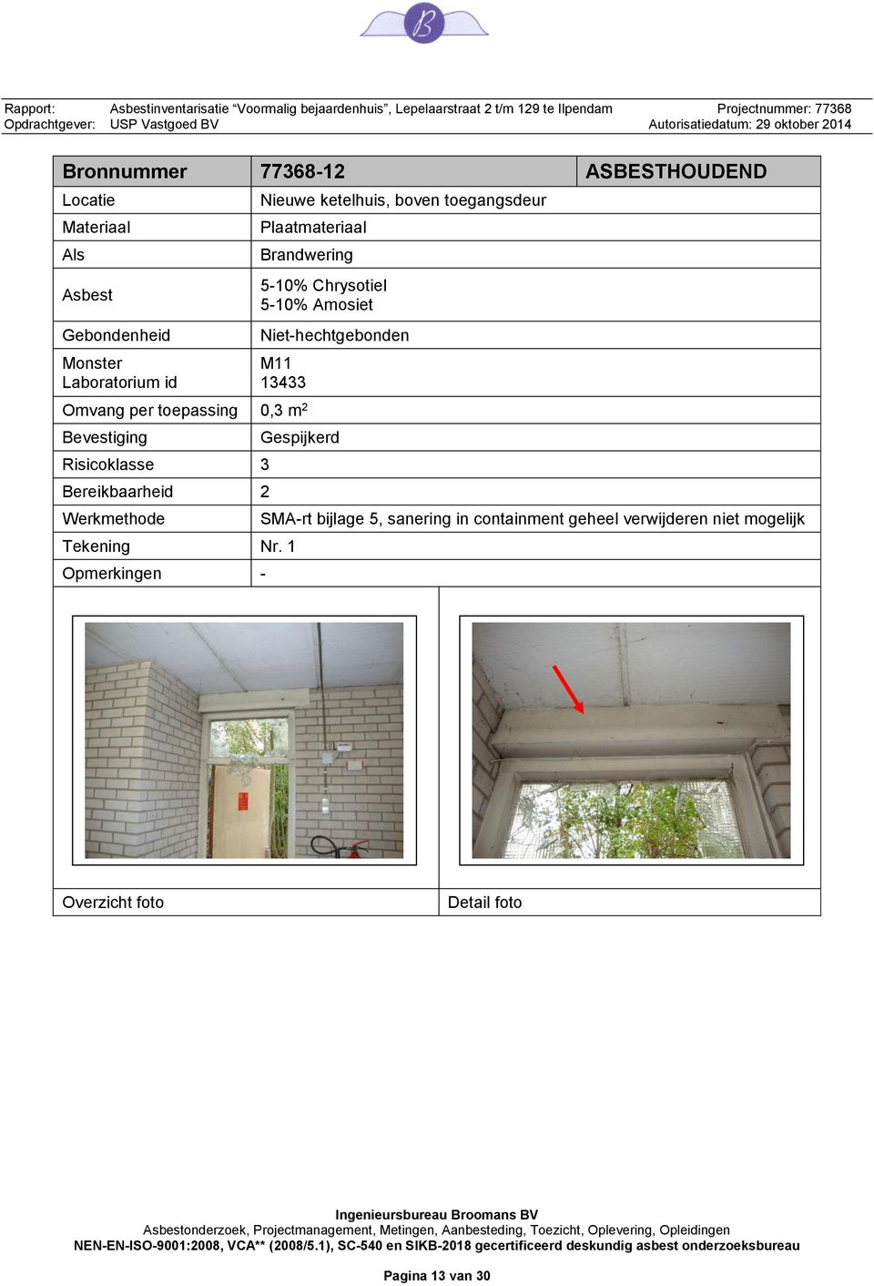 Omvang per toepassing 0,3 m 2 Bevestiging Risicoklasse 3 Bereikbaarheid 2 Werkmethode Tekening Nr.