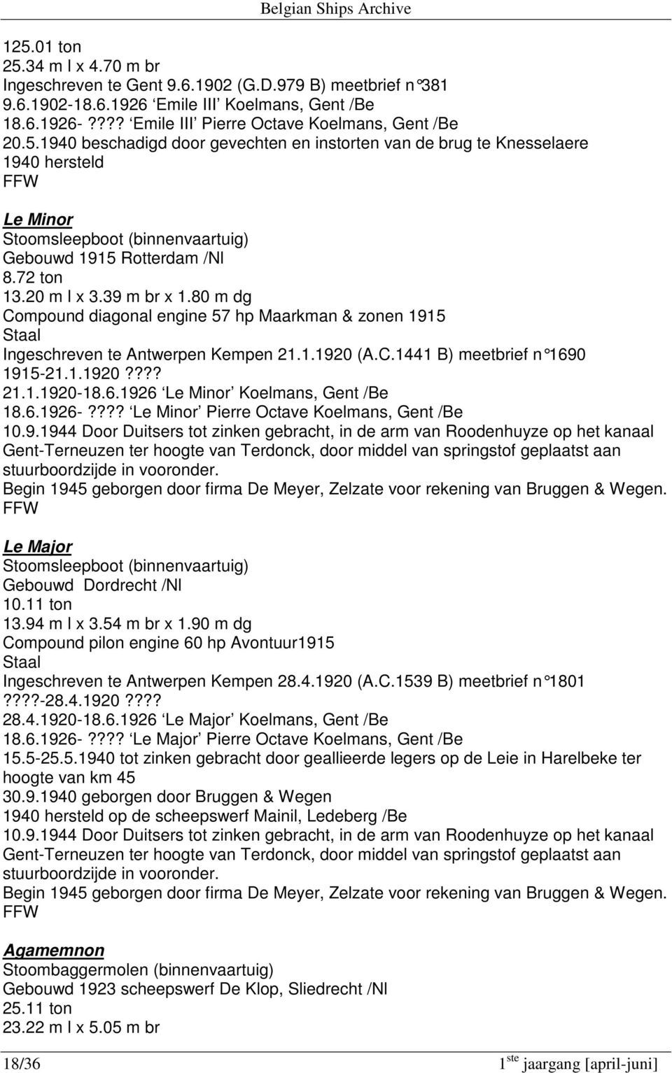 80 m dg Compound diagonal engine 57 hp Maarkman & zonen 1915 Staal Ingeschreven te Antwerpen Kempen 21.1.1920 (A.C.1441 B) meetbrief n 1690 1915-21.1.1920???? 21.1.1920-18.6.1926 Le Minor Koelmans, Gent /Be 18.