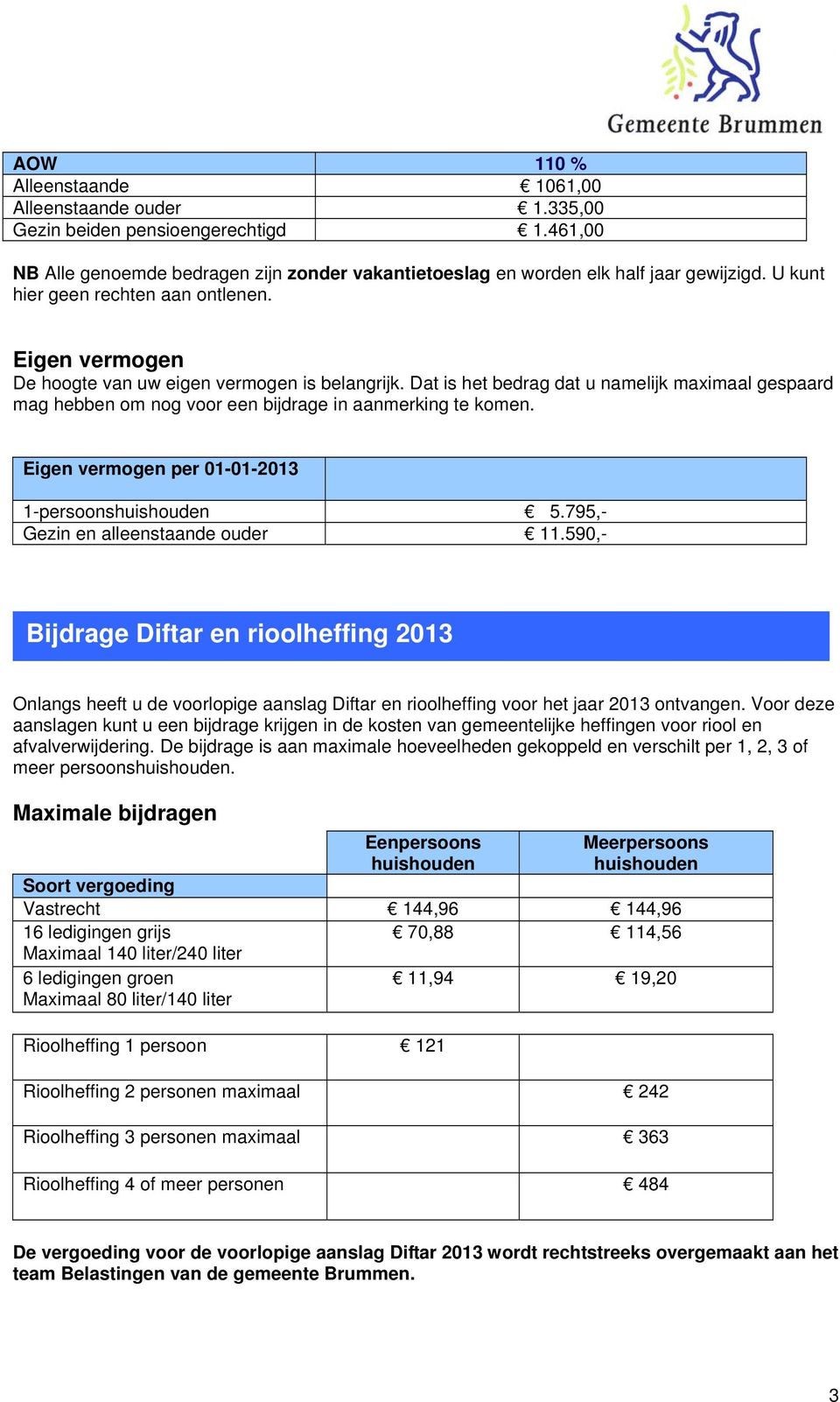 Dat is het bedrag dat u namelijk maximaal gespaard mag hebben om nog voor een bijdrage in aanmerking te komen. Eigen vermogen per 01-01-2013 1-persoons 5.795,- Gezin en alleenstaande ouder 11.