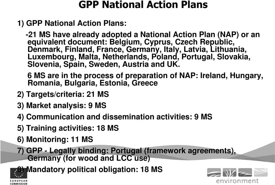 6 MS are in the process of preparation of NAP: Ireland, Hungary, Romania, Bulgaria, Estonia, Greece 2) Targets/criteria: 21 MS 3) Market analysis: 9 MS 4) Communication and