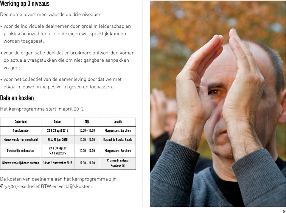 vorm geven en toepassen. Data en kosten Het kernprogramma start in april 2015. Onderdeel Datum Tijd Locatie Transformatie 22 & 23 april 2015 10.00-17.