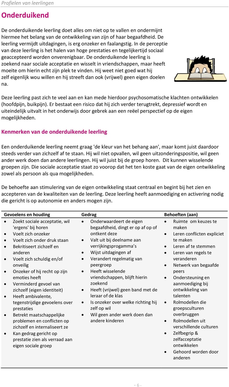 De onderduikende leerling is zoekend naar sociale acceptatie en wisselt in vriendschappen, maar heeft moeite om hierin echt zijn plek te vinden.