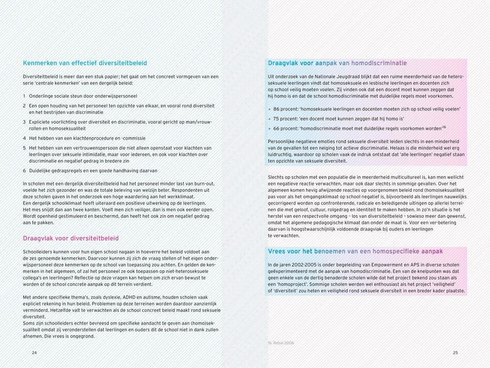 diversiteit en discriminatie, vooral gericht op man/vrouwrollen en homoseksualiteit 4 Het hebben van een klachtenprocedure en -commissie 5 Het hebben van een vertrouwenspersoon die niet alleen