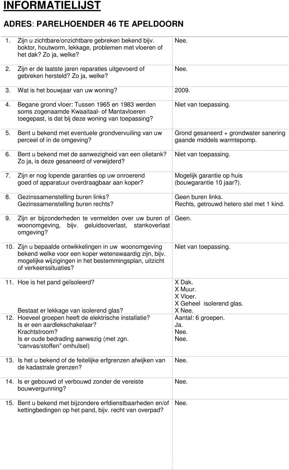 Begane grond vloer: Tussen 1965 en 1983 werden soms zogenaamde Kwaaitaal- of Mantavloeren toegepast, is dat bij deze woning van toepassing? 5.