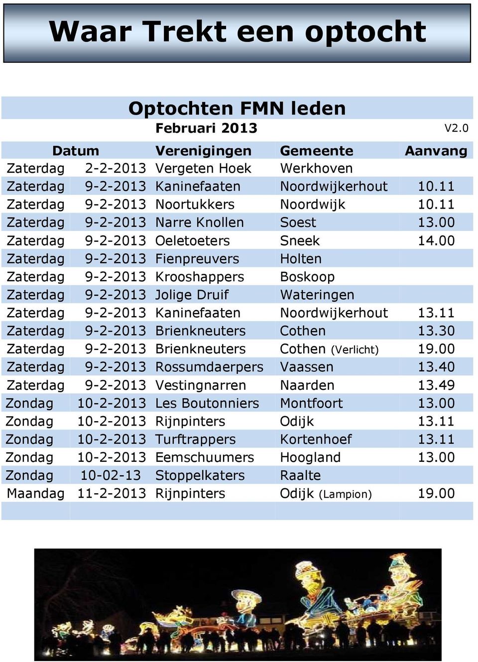 00 Zaterdag 9-2-2013 Fienpreuvers Holten Zaterdag 9-2-2013 Krooshappers Boskoop Zaterdag 9-2-2013 Jolige Druif Wateringen Zaterdag 9-2-2013 Kaninefaaten Noordwijkerhout 13.