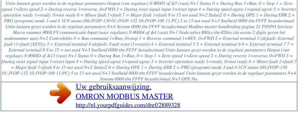 used N+2 Status2 0 = During OPE 1 = During ERR 2 = PRG (program) mode 3 and 4 1CN status (00:JVOP-130 01:JVOP-132 10:JVOP-100 11:PC) 5 to 15 not used N+3 Snelheid 0000 t/m FFFF hexadecimaal Units