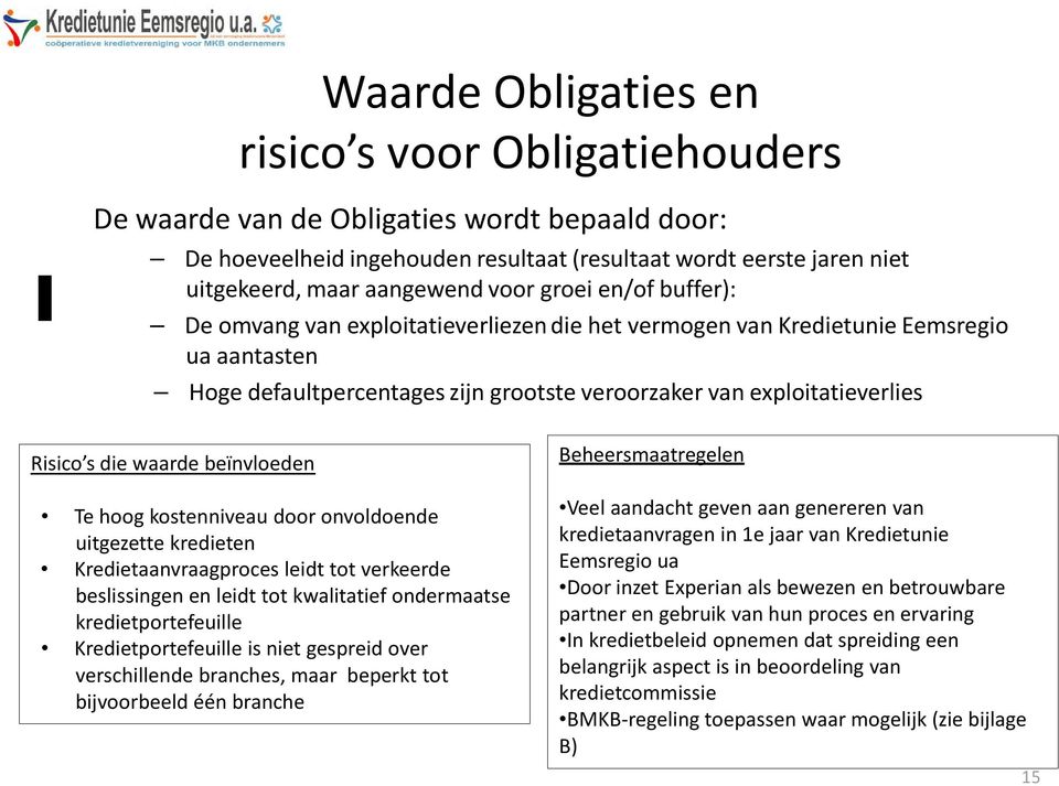 die waarde beïnvloeden Te hoog kostenniveau door onvoldoende uitgezette kredieten Kredietaanvraagproces leidt tot verkeerde beslissingen en leidt tot kwalitatief ondermaatse kredietportefeuille