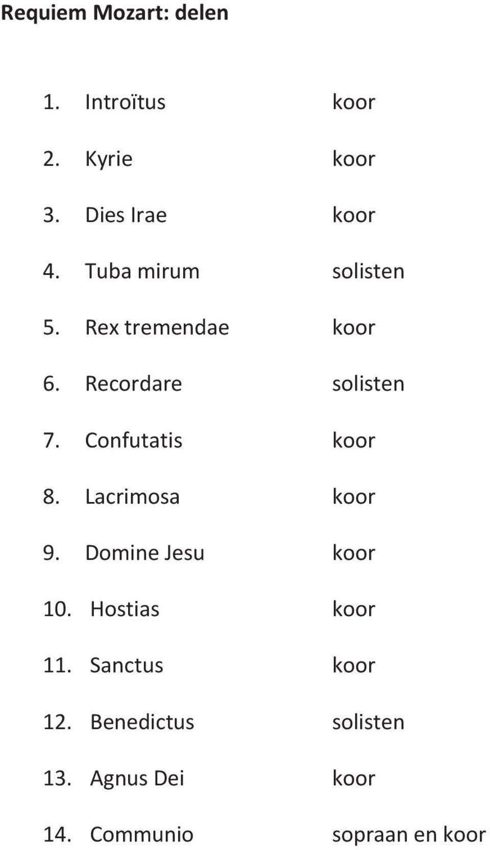 Confutatis koor 8. Lacrimosa koor 9. Domine Jesu koor 10. Hostias koor 11.