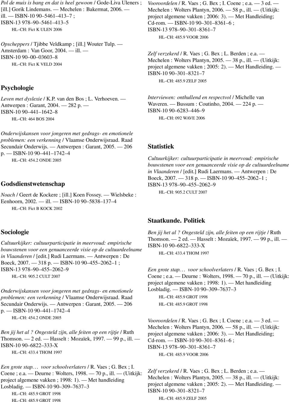 ISBN-10 90 00 03603 8 HL CH: Fict K VELD 2004 Psychologie Leven met dyslexie / K.P. van den Bos ; L. Verhoeven. Antwerpen : Garant, 2004. 282 p.