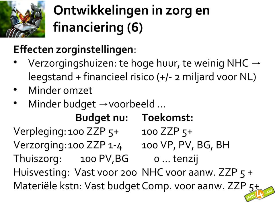 .. Budget nu: Toekomst: Verpleging: 100 ZZP 5+ 100 ZZP 5+ Verzorging:100 ZZP 1-4 100 VP, PV, BG, BH