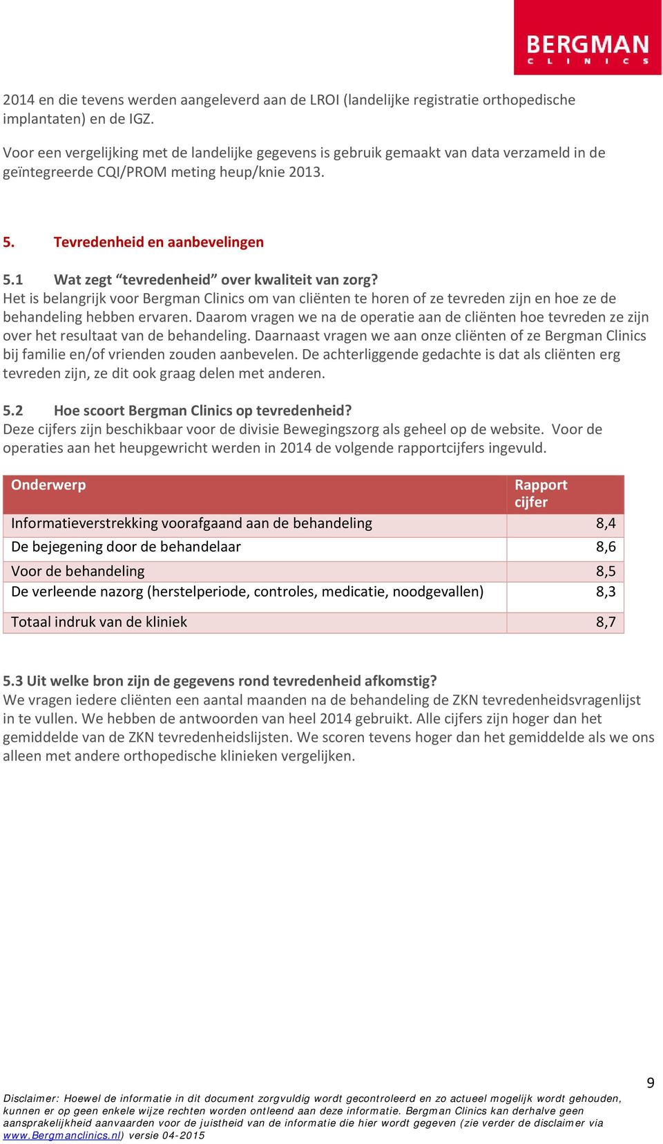 1 Wat zegt tevredenheid over kwaliteit van zorg? Het is belangrijk voor Bergman Clinics om van cliënten te horen of ze tevreden zijn en hoe ze de behandeling hebben ervaren.