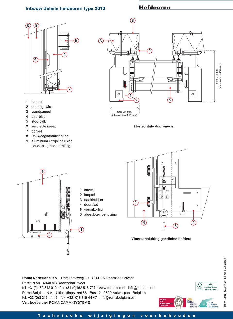 ) 4 3 1 knevel 2 looprol 3 naaldrubber 4 deurblad 5 verankering 6 afgesloten behuizing 1 2 6 4 5 Vloeraansluiting gasdichte hefdeur Roma Nederland B.V. Ramgatseweg 19 4941 VN Raamsdonksveer Postbus 59 4940 AB Raamsdonksveer tel.