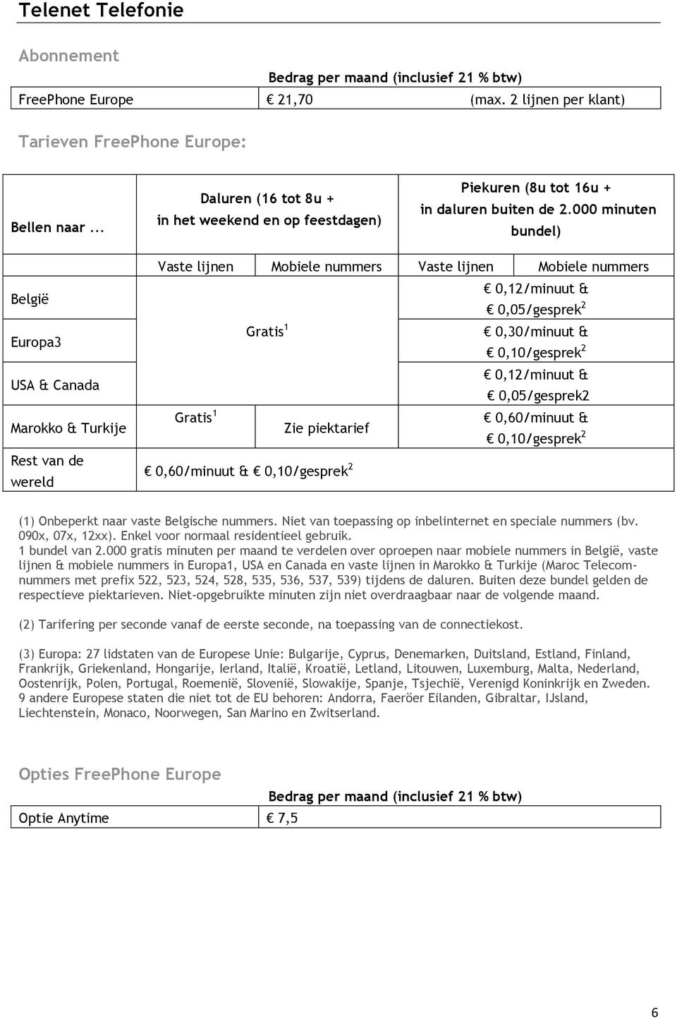 000 minuten bundel) België Europa3 USA & Canada Marokko & Turkije Rest van de wereld Vaste lijnen Mobiele nummers Vaste lijnen Mobiele nummers 0,12/minuut & 0,05/gesprek 2 Gratis 1 0,30/minuut &