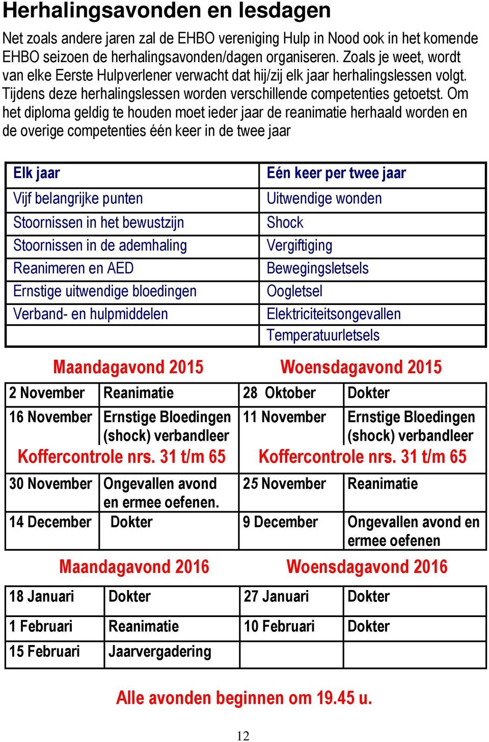 Om het diploma geldig te houden moet ieder jaar de reanimatie herhaald worden en de overige competenties één keer in de twee jaar Elk jaar Vijf belangrijke punten Stoornissen in het bewustzijn