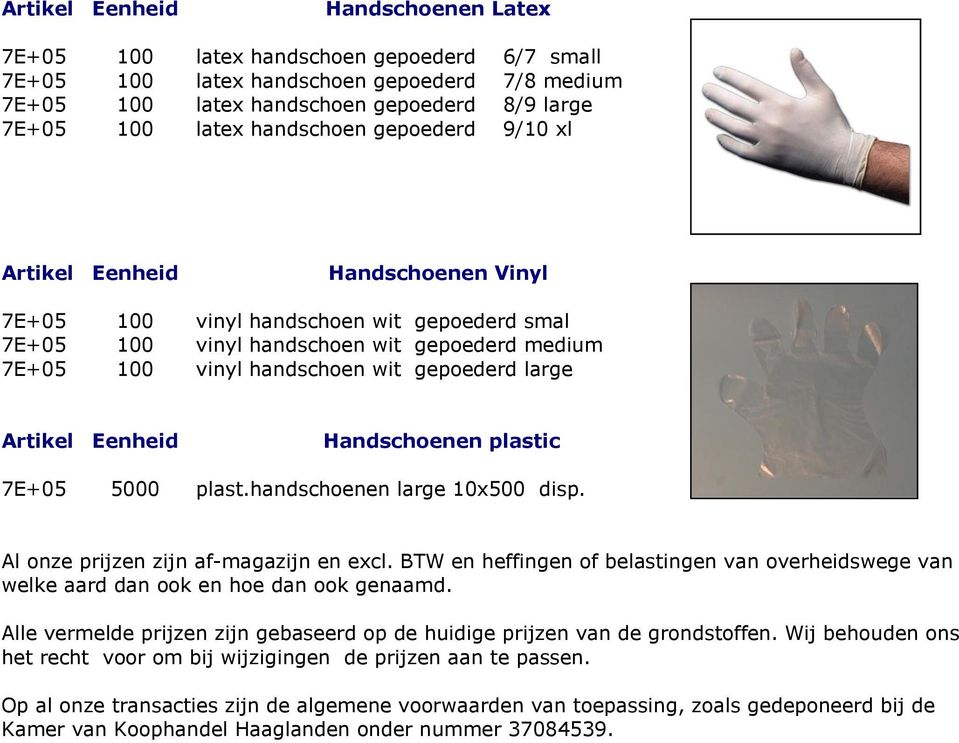 large Artikel Eenheid Handschoenen plastic 7E+05 5000 plast.handschoenen large 10x500 disp. Al onze prijzen zijn af-magazijn en excl.