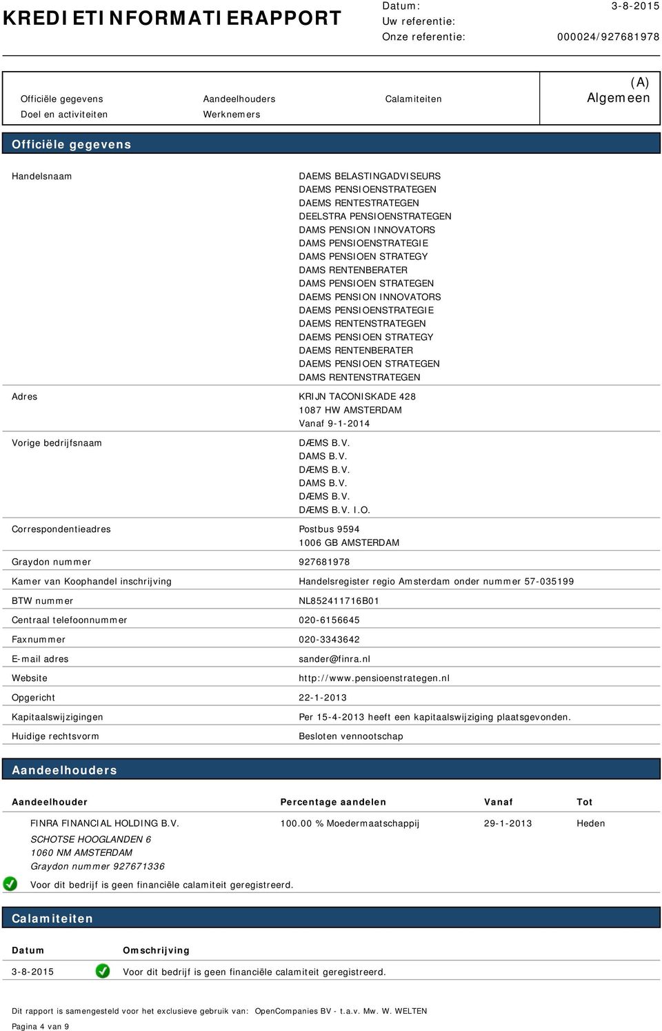 RENTENSTRATEGEN DAEMS PENSIOEN STRATEGY DAEMS RENTENBERATER DAEMS PENSIOEN STRATEGEN DAMS RENTENSTRATEGEN Adres KRIJN TACONISKADE 428 1087 HW AMSTERDAM Vanaf 9-1-2014 Vorige bedrijfsnaam DÆMS B.V. DAMS B.