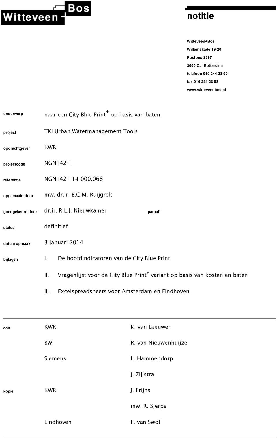 dr.ir. E.C.M. Ruijgrok goedgekeurd door dr.ir. R.L.J. Nieuwkamer paraaf status definitief datum opmaak 3 januari 2014 bijlagen I. De hoofdindicatoren van de City Blue Print II.