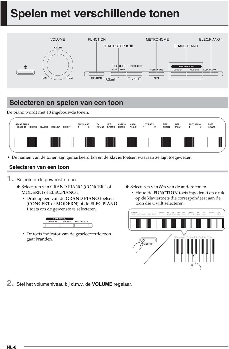 Selecteren van GRAND PIAN (CNCERT of MDERN) of ELEC.PIAN 1 Druk op een van de GRAND PIAN toetsen (CNCERT of MDERN) of de ELEC.PIAN 1 toets om de gewenste te selecteren.